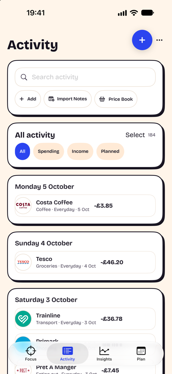 Headway Activity uses demonstration transactions to show a manual spending history.