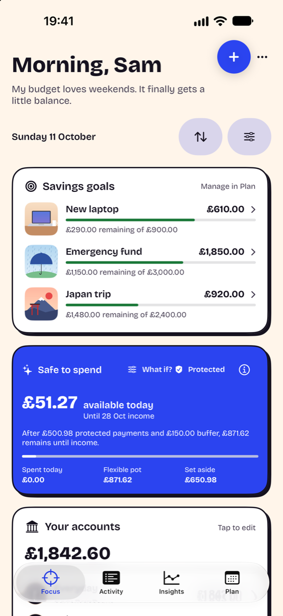 Headway Focus with demonstration goals, accounts and a daily spending estimate.